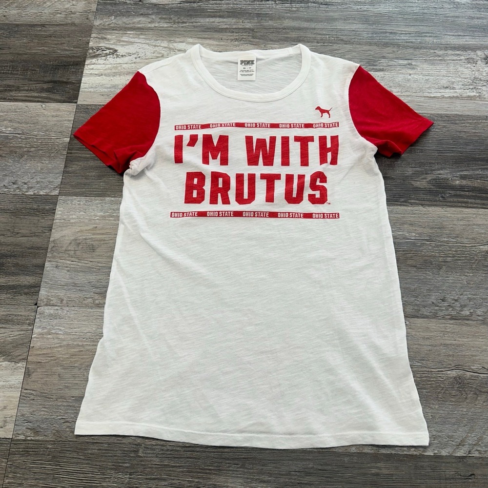 PINK Victorias Secret OSU Ohio State Buckeye Brutus White Red Womens‎ XS T-Shirt